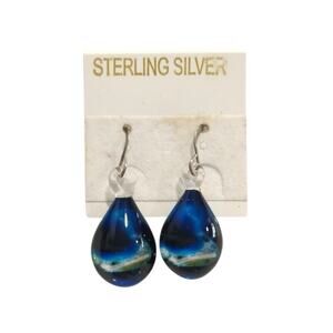 Sterling Silver 925 Ocean Beach Dangle Drop Earrings Blue Fused Glass Hook